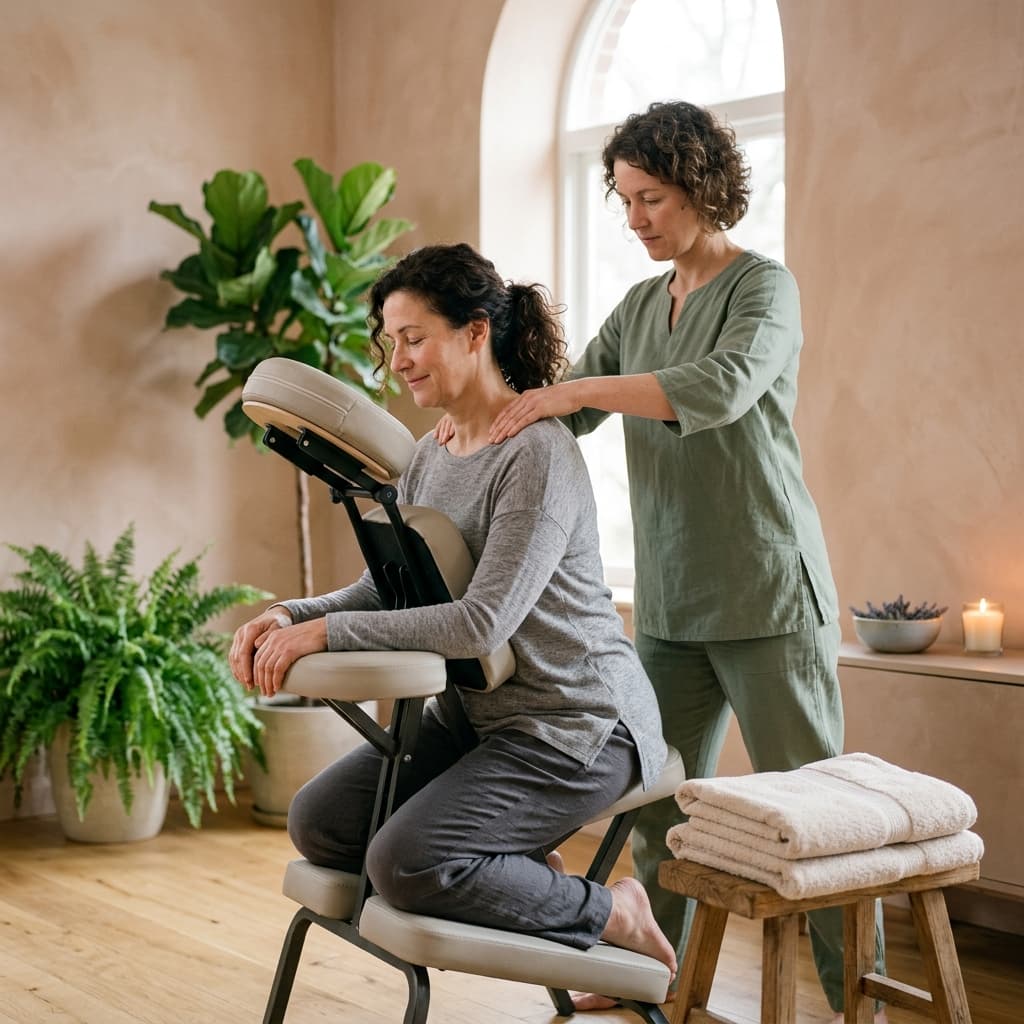 Tranquil and modern holistic treatment room environment prepared for reflexology and massage therapy sessions in Darwen